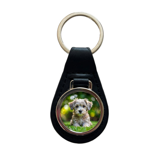 Schnoodle Dog Puppy Photo Black Leather Metal Keychain
