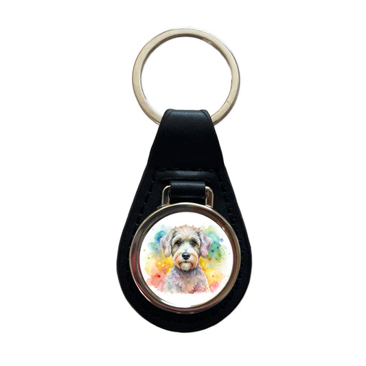 Schnoodle Dog Watercolor Style Black Leather Metal Keychain
