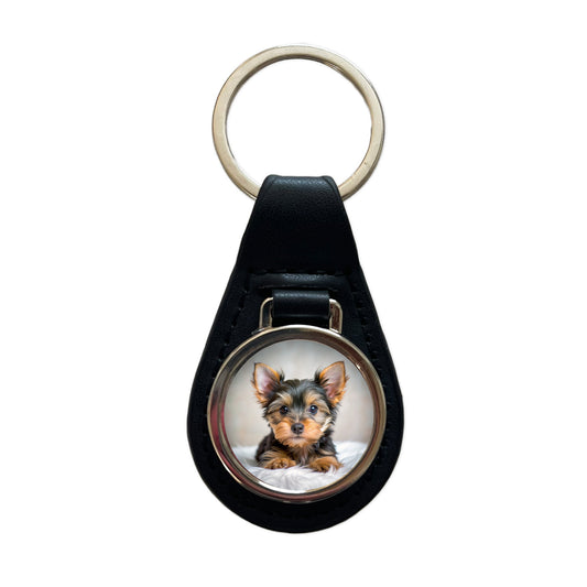 Silky Terrier Dog Puppy Photo Black Leather Metal Keychain