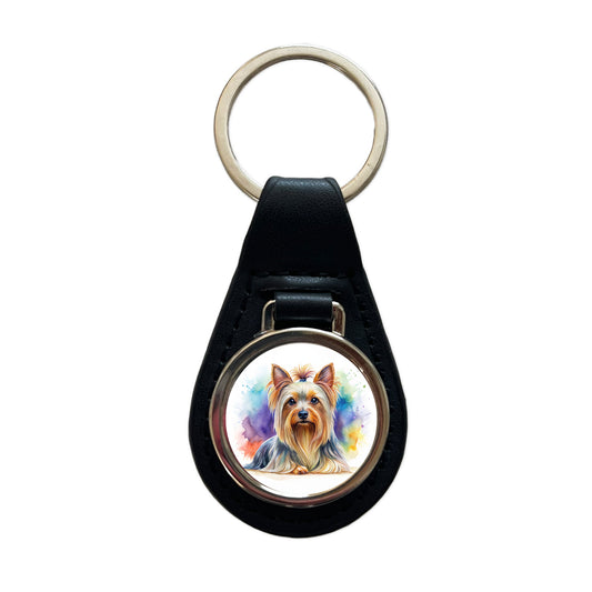 Silky Terrier Dog Watercolor Style Black Leather Metal Keychain