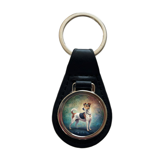 Smooth Fox Terrier Dog Art Nouveau Black Leather Metal Keychain