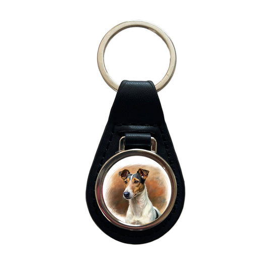 Smooth Fox Terrier Dog Illustration Black Leather Metal Keychain