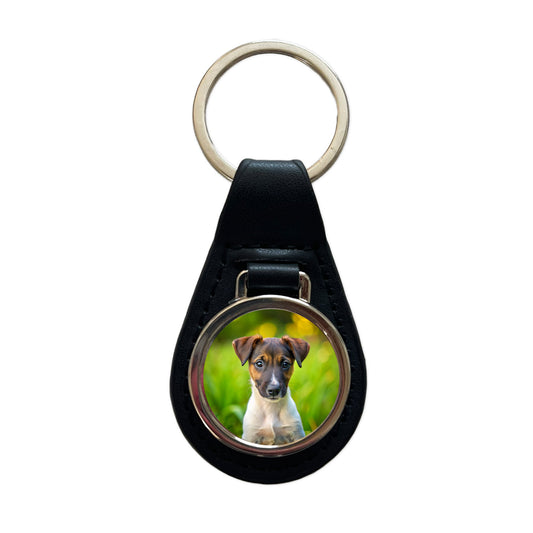 Smooth Fox Terrier Dog Puppy Photo Black Leather Metal Keychain
