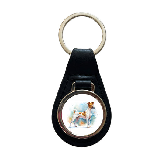 Smooth Fox Terrier Dog Watercolor Style Black Leather Metal Keychain
