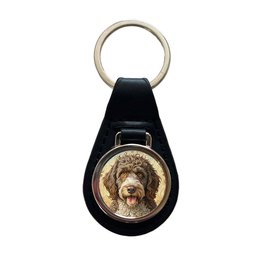 Spanish Water Dog Art Nouveau Black Leather Metal Keychain