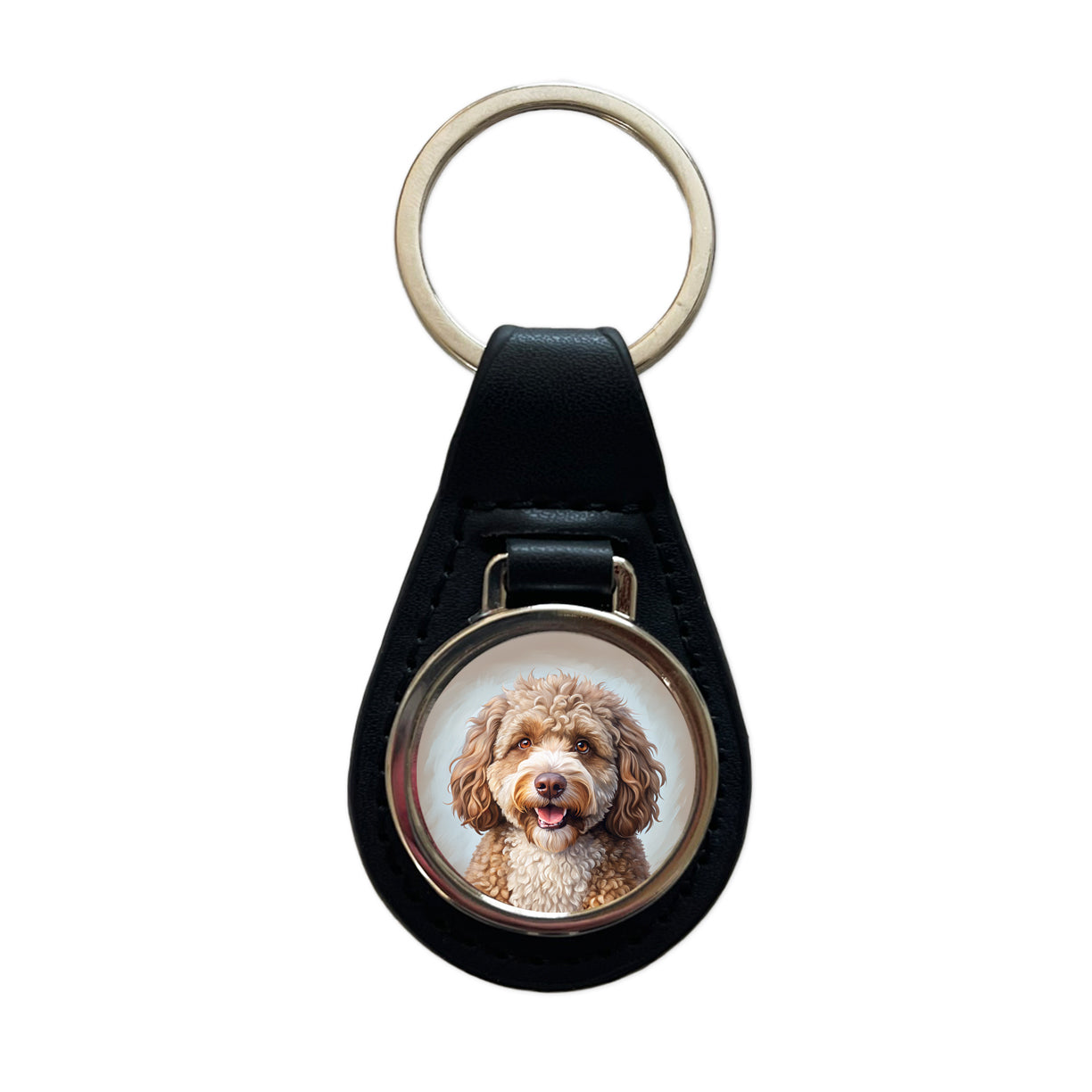 Spanish Water Dog Illustration Black Leather Metal Keychain