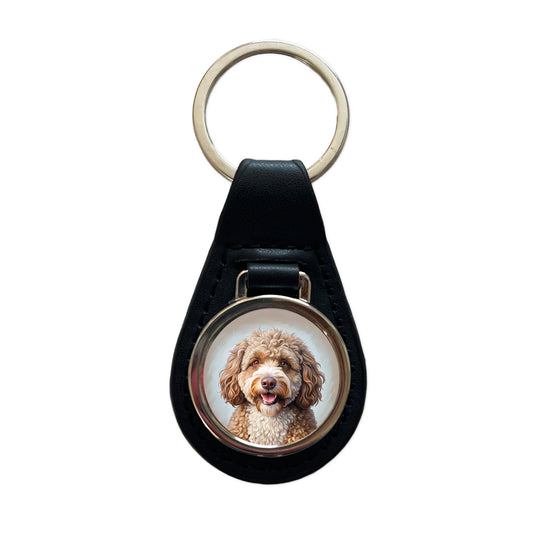 Spanish Water Dog Illustration Black Leather Metal Keychain