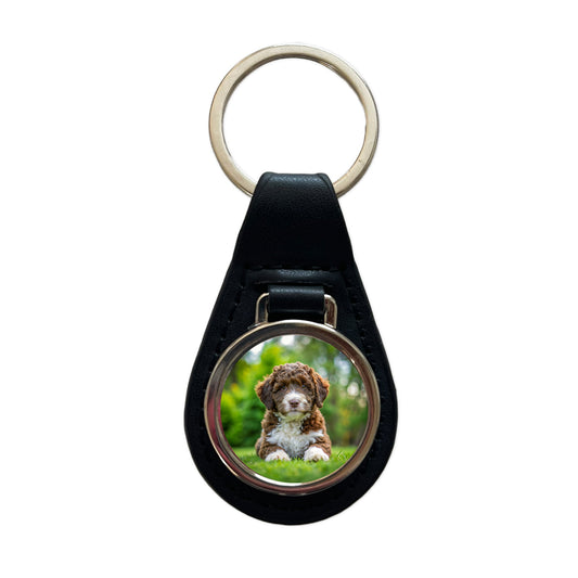 Spanish Water Dog Puppy Photo Black Leather Metal Keychain