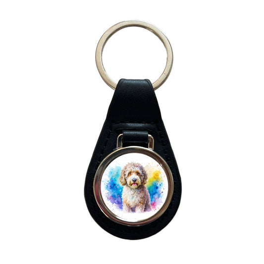 Spanish Water Dog Watercolor Style Black Leather Metal Keychain