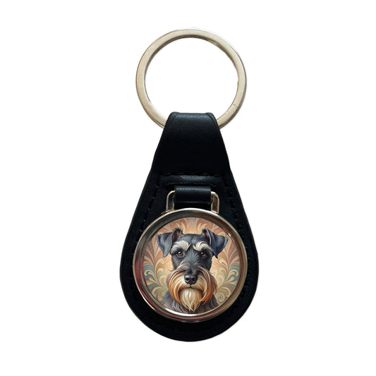 Standard Schnauzer Dog Art Nouveau Black Leather Metal Keychain