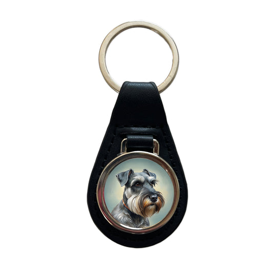 Standard Schnauzer Dog Illustration Black Leather Metal Keychain