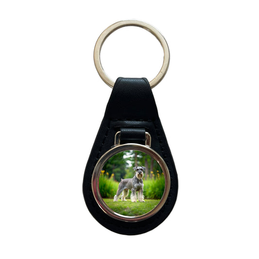 Standard Schnauzer Dog Photo Black Leather Metal Keychain