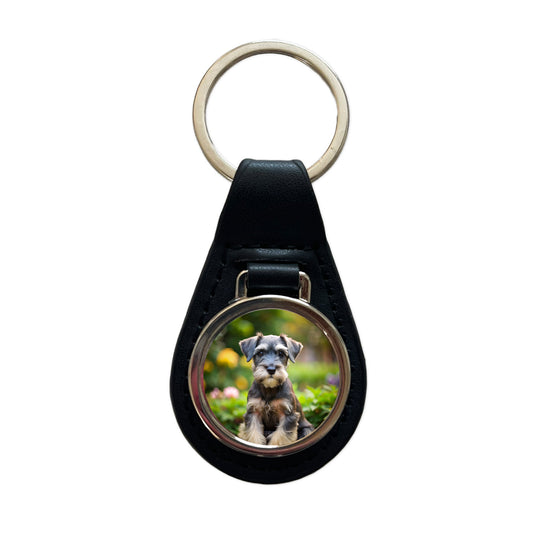 Standard Schnauzer Dog Puppy Photo Black Leather Metal Keychain