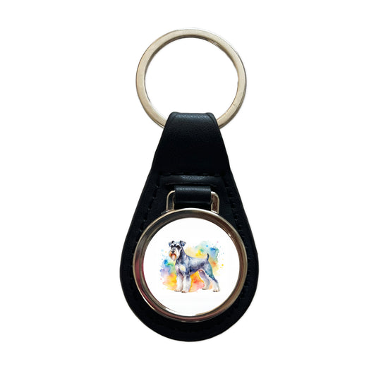 Standard Schnauzer Dog Watercolor Style Black Leather Metal Keychain