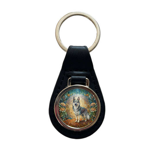 Swedish Vallhund Dog Art Nouveau Black Leather Metal Keychain