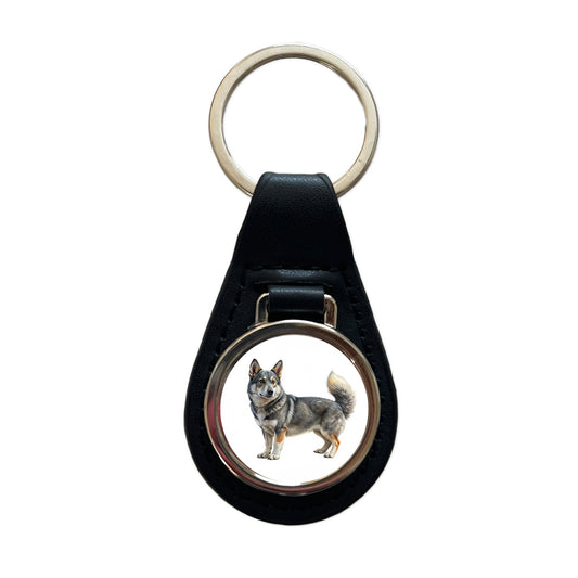 Swedish Vallhund Dog Illustration Black Leather Metal Keychain