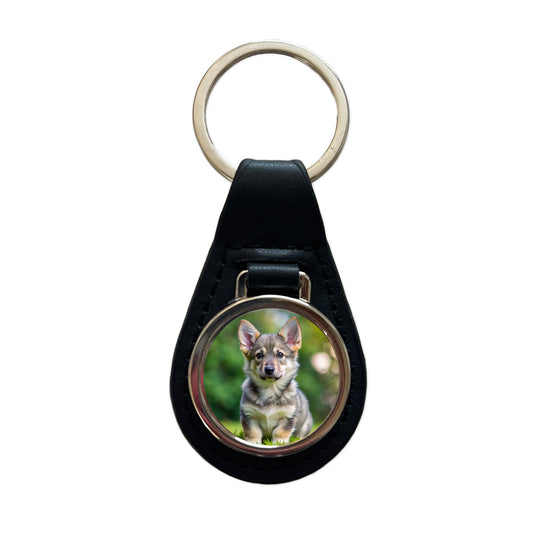 Swedish Vallhund Dog Puppy Photo Black Leather Metal Keychain