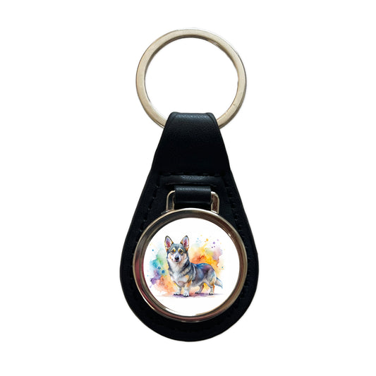 Swedish Vallhund Dog Watercolor Style Black Leather Metal Keychain