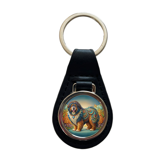 Tibetan Mastiff Dog Art Nouveau Black Leather Metal Keychain