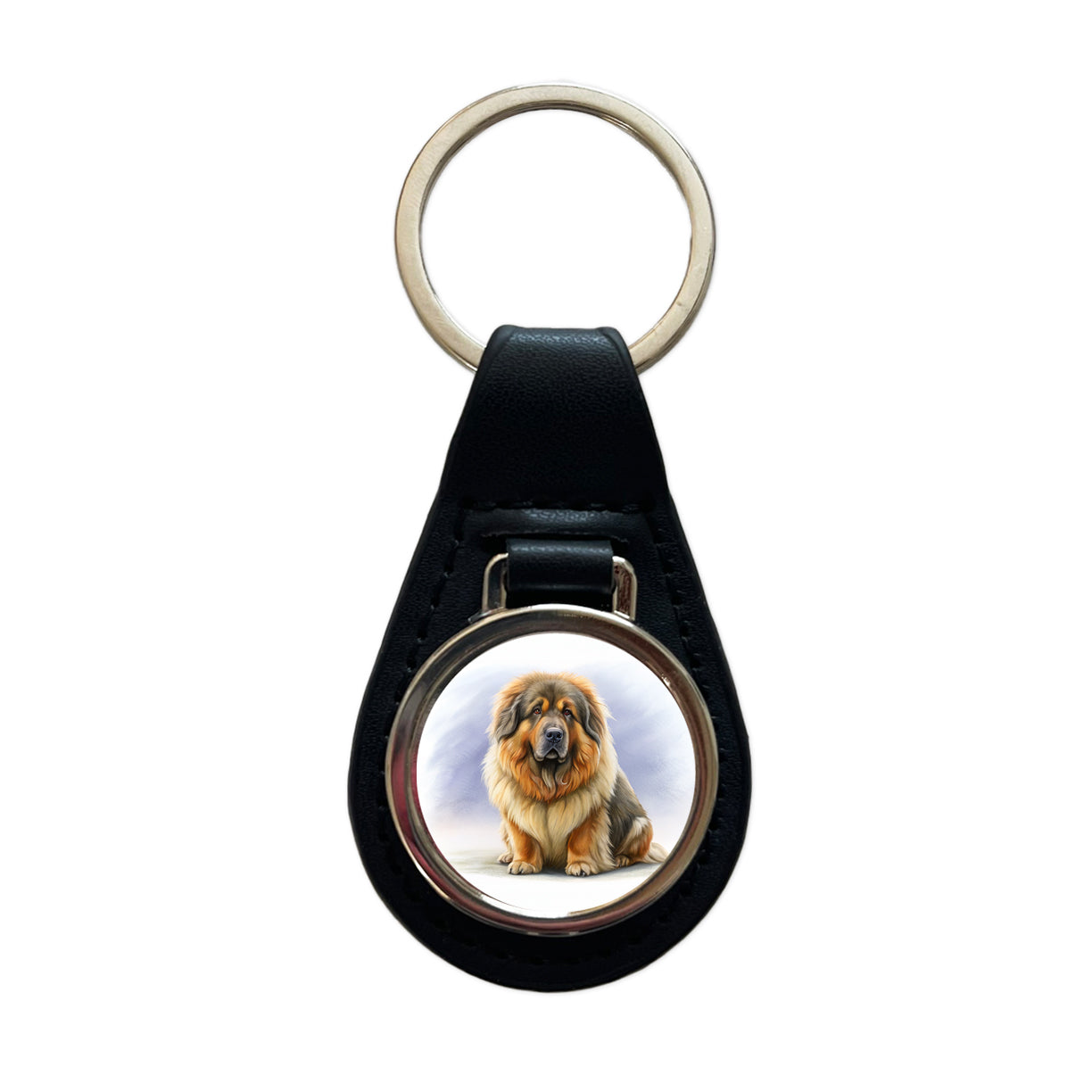 Tibetan Mastiff Dog Illustration Black Leather Metal Keychain