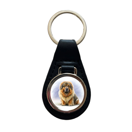 Tibetan Mastiff Dog Illustration Black Leather Metal Keychain