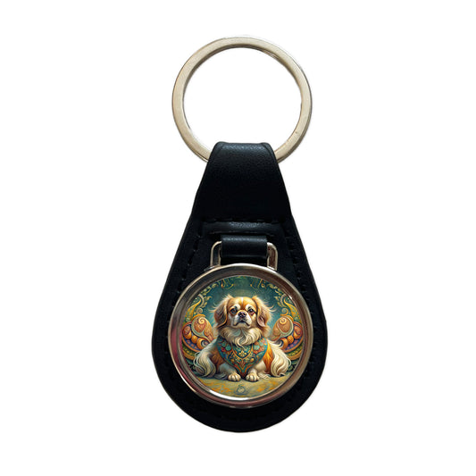 Tibetan Spaniel Dog Art Nouveau Black Leather Metal Keychain