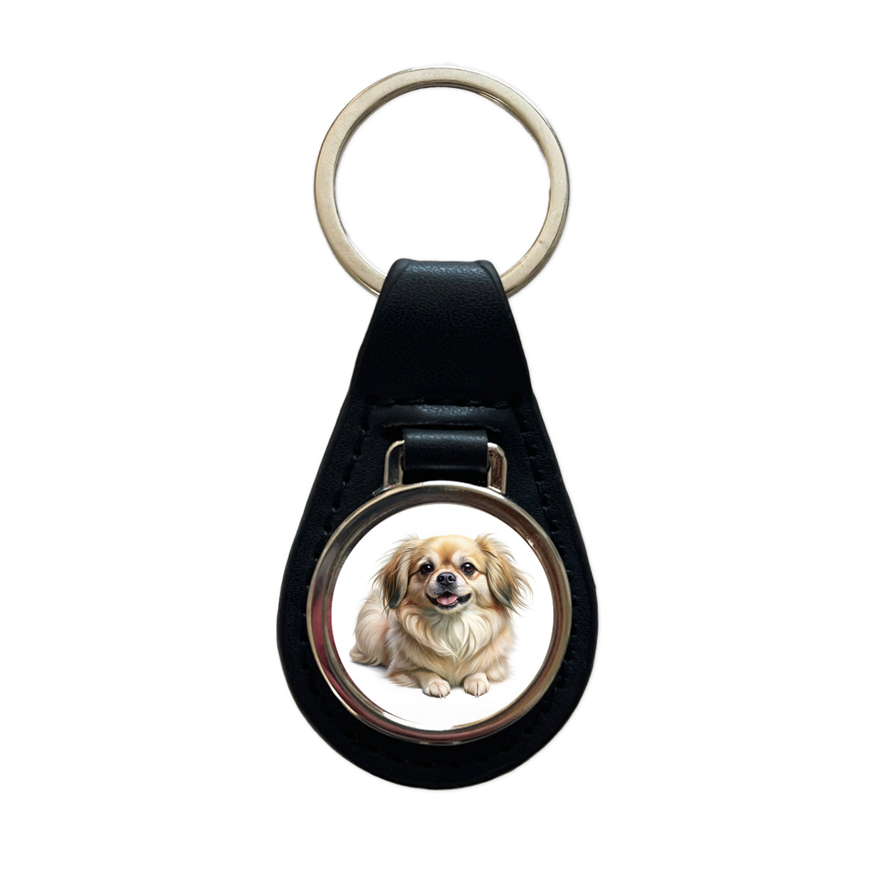 Tibetan Spaniel Dog Illustration Black Leather Metal Keychain