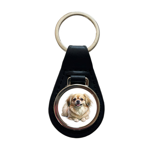 Tibetan Spaniel Dog Illustration Black Leather Metal Keychain