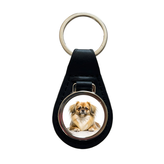 Tibetan Spaniel Dog Photo Black Leather Metal Keychain