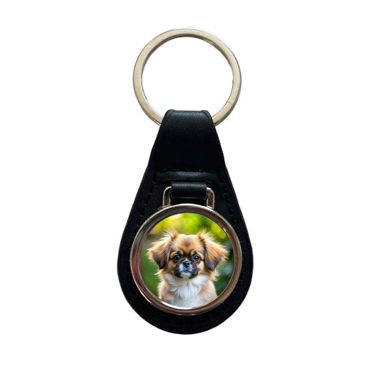 Tibetan Spaniel Dog Puppy Photo Black Leather Metal Keychain