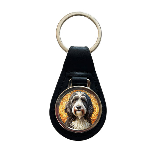 Tibetan Terrier Dog Art Nouveau Black Leather Metal Keychain