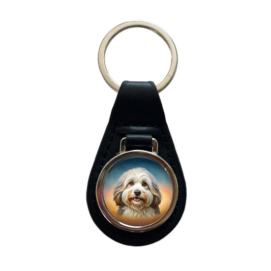 Tibetan Terrier Dog Illustration Black Leather Metal Keychain