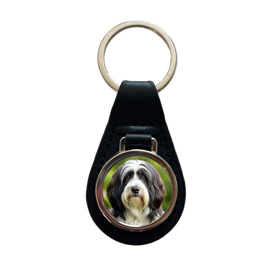 Tibetan Terrier Dog Photo Black Leather Metal Keychain