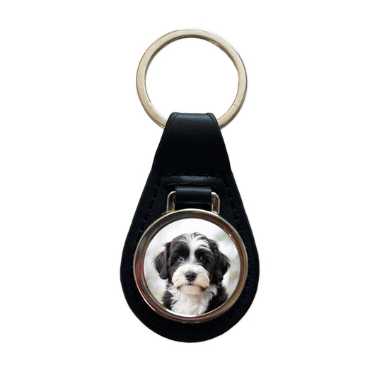 Tibetan Terrier Dog Puppy Photo Black Leather Metal Keychain