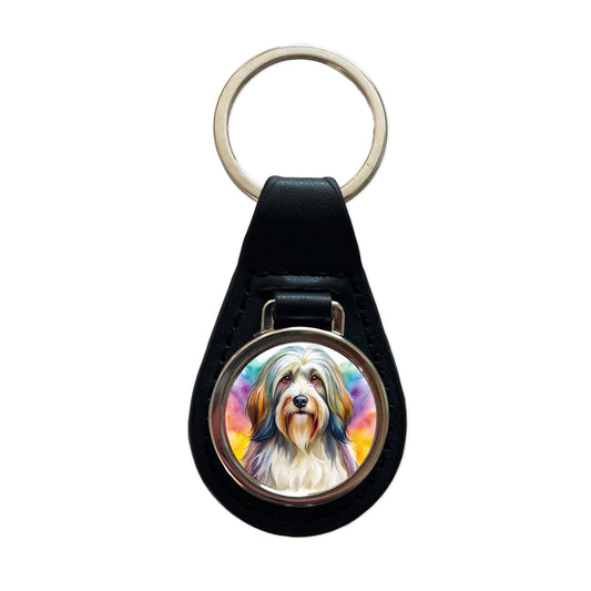 Tibetan Terrier Dog Watercolor Style Black Leather Metal Keychain