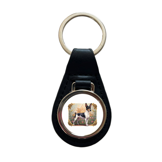 Toy Fox Terrier Dog Art Nouveau Black Leather Metal Keychain