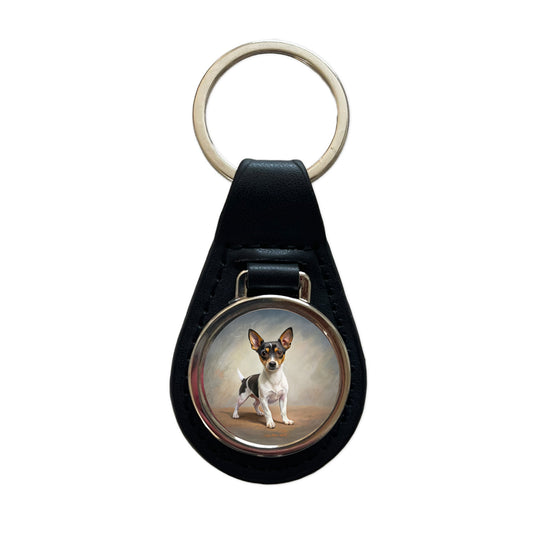 Toy Fox Terrier Dog Illustration Black Leather Metal Keychain