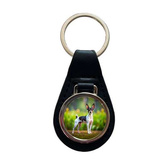 Toy Fox Terrier Dog Photo Black Leather Metal Keychain