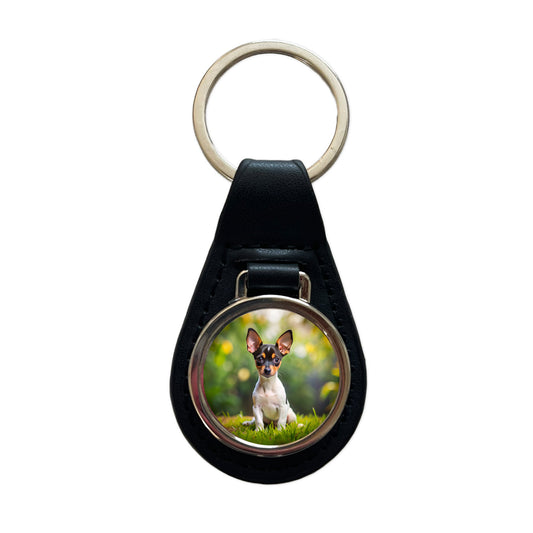Toy Fox Terrier Dog Puppy Photo Black Leather Metal Keychain