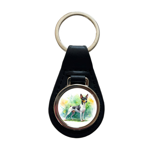 Toy Fox Terrier Dog Watercolor Style Black Leather Metal Keychain