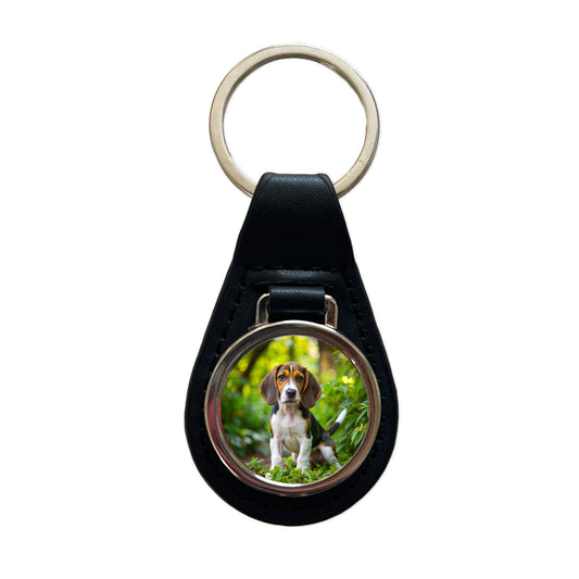 Treeing Walker Coonhound Dog Puppy Photo Black Leather Metal Keychain