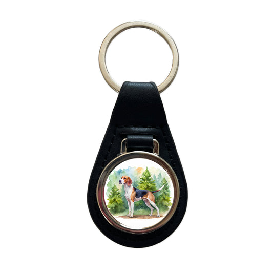 Treeing Walker Coonhound Dog Watercolor Style Black Leather Metal Keychain