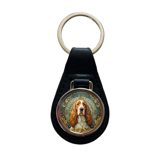 Welsh Springer Spaniel Dog Art Nouveau Black Leather Metal Keychain