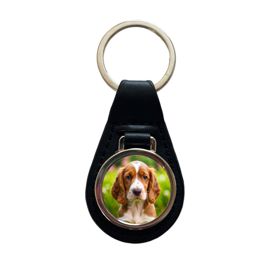 Welsh Springer Spaniel Dog Puppy Photo Black Leather Metal Keychain