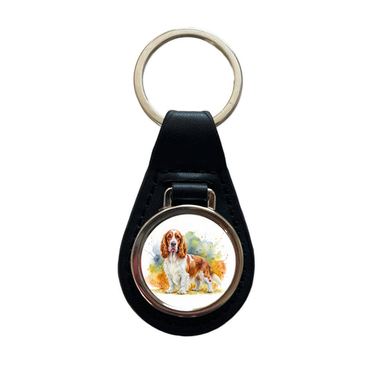 Welsh Springer Spaniel Dog Watercolor Style Black Leather Metal Keychain
