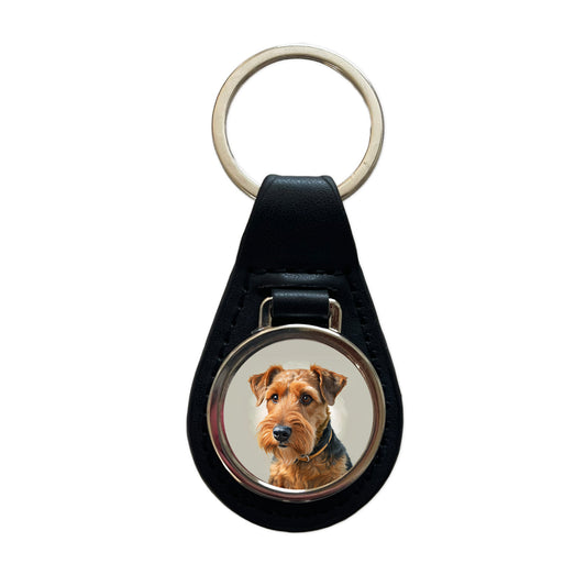 Welsh Terrier Dog Illustration Black Leather Metal Keychain