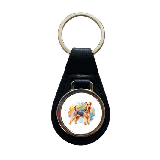 Welsh Terrier Dog Watercolor Style Black Leather Metal Keychain