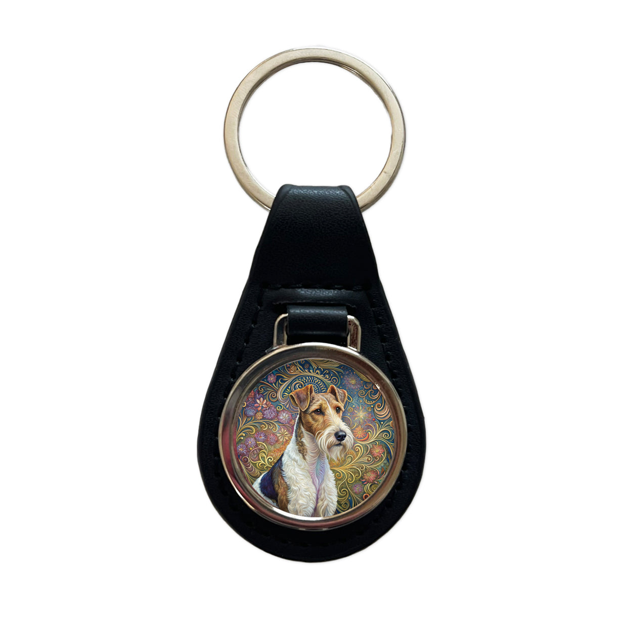 Wire Fox Terrier Dog Art Nouveau Black Leather Metal Keychain