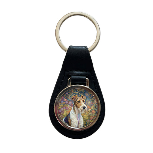 Wire Fox Terrier Dog Art Nouveau Black Leather Metal Keychain