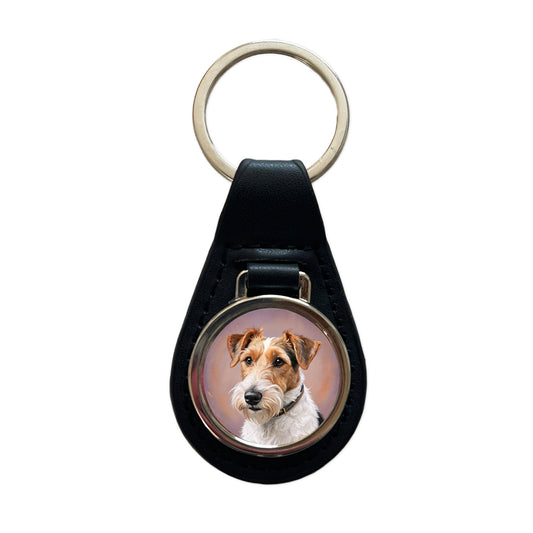 Wire Fox Terrier Dog Illustration Black Leather Metal Keychain